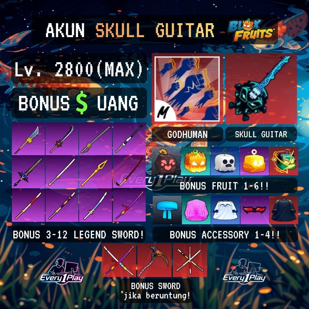 Akun Blox Fruit GODHUMAN + SKULL GUITAR Level Max - Akun Blox Fruit Roblox