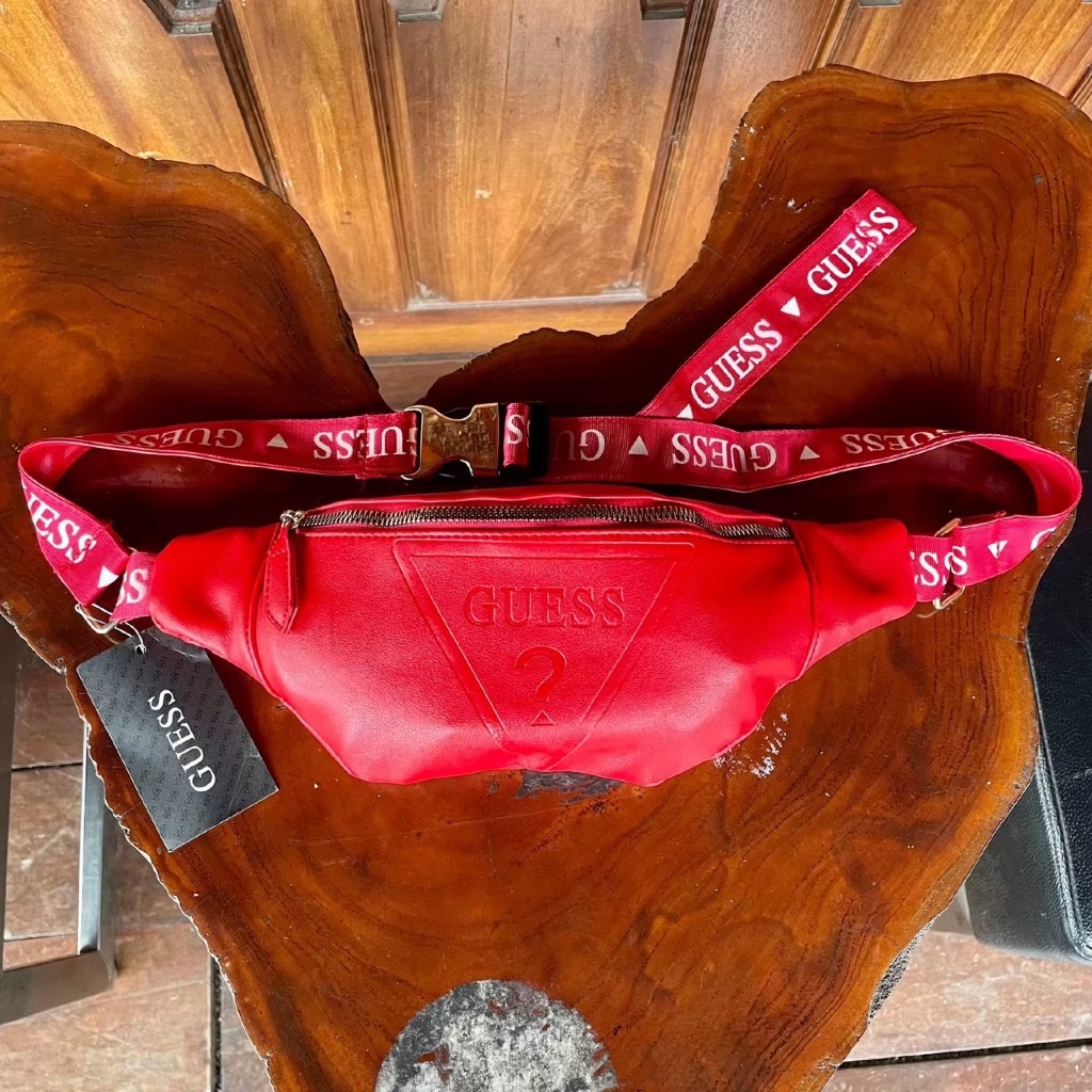 TAS WAISTBAG GUESS LEATHER MODEL ORIGINAL RED BAGS / WAISTBAG PRIA WANITA BEST SELLER / BISA COD
