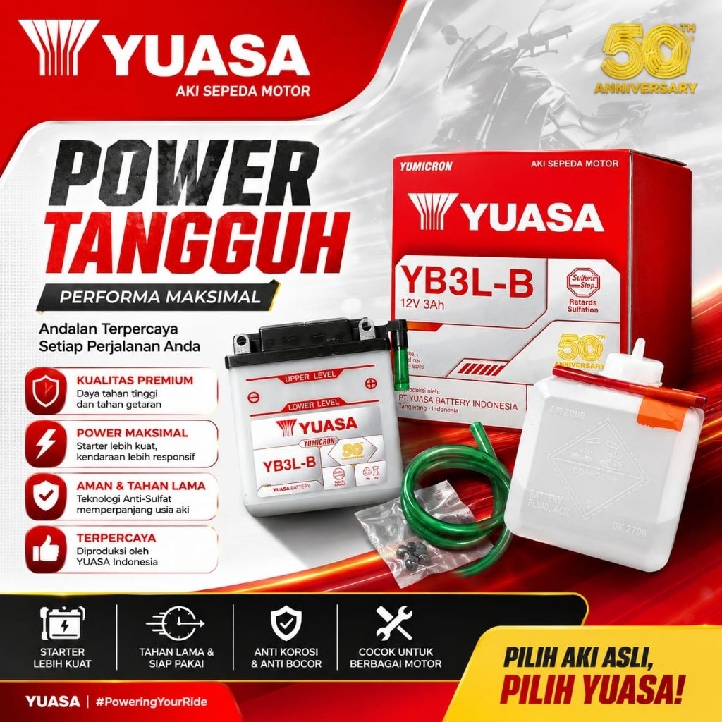 Aki Motor Yuasa YB3L-B 12V 3Ah Original YUMICRON Aki Basah Motor