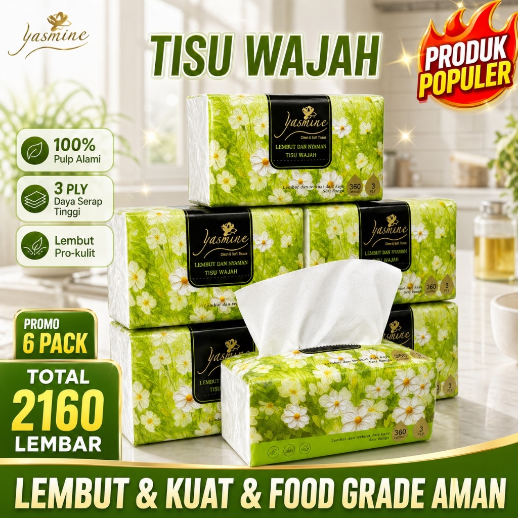 [6 Bungkus]Yasmine tisu 6 PACK 360 helai 3 ply Soft Facial Tissue kertas tisu tebal gratis ongkir bi