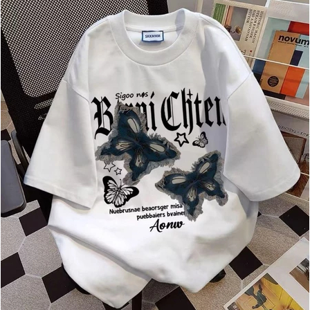 Kaos distro Wanita Korean Cetakan Kupu-kupu vintage/Kaos Lengan Pendek Oversize Wanita Baju Atasan W