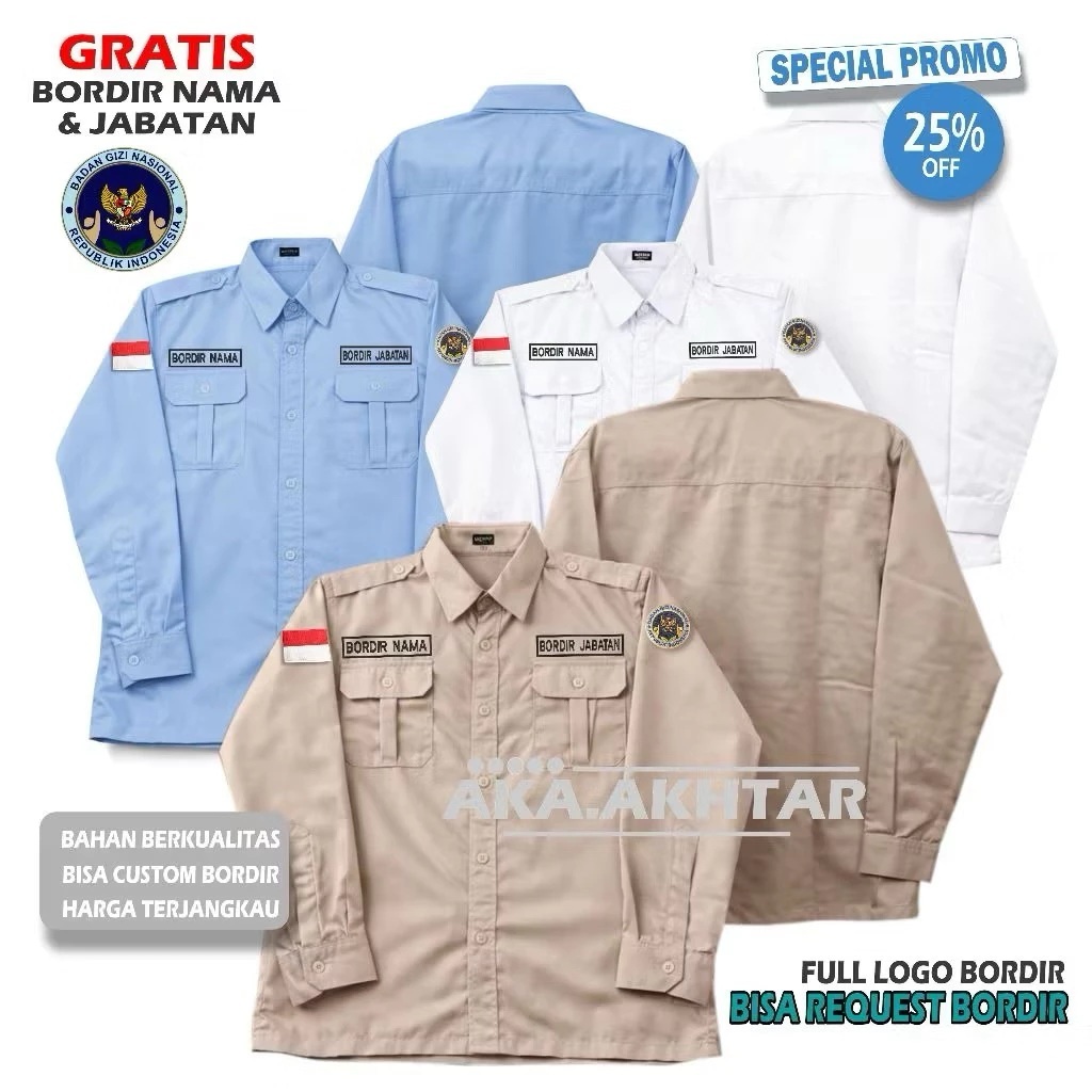 SERAGAM BGN LENGAN PANJANG/KEMEJA BGN FULL BORDIR/KEMEJA BGN BORDIR TIDAK TIMBUL/KEMEJA CUSTOM BORDI