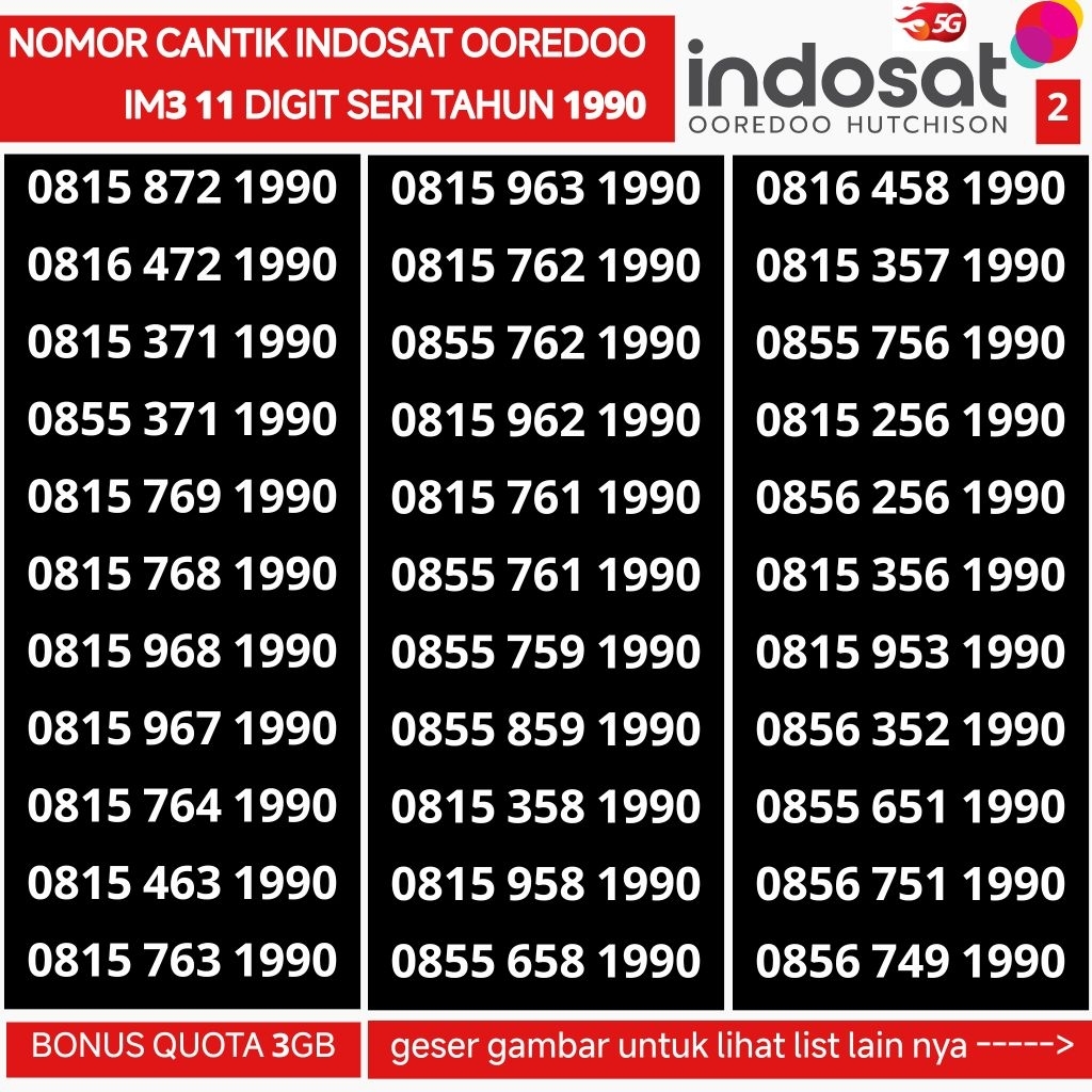 im3 indosat Ooredoo seri tahun 1990 nomer cantik 11 digit kartu perdana 4G 5G bonus quota freedom in
