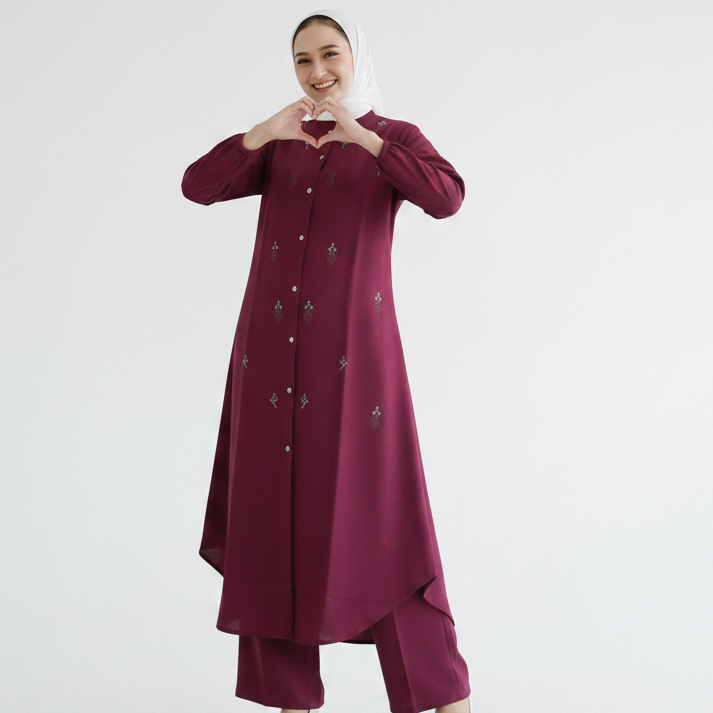 Setelan Tunik Celana Bordir Melati Wanita Bahan Syakila Premium All Size Warna Maroon Fashion Muslim