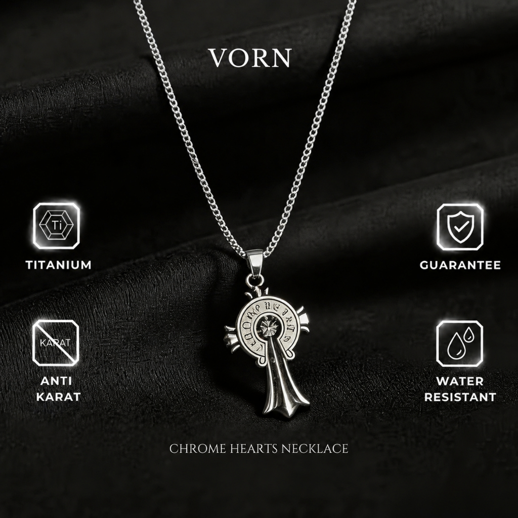 VORN - Chrome Hearts Style Necklace Kalung Pria Titanium Cross Pendant Silver Anti Karat