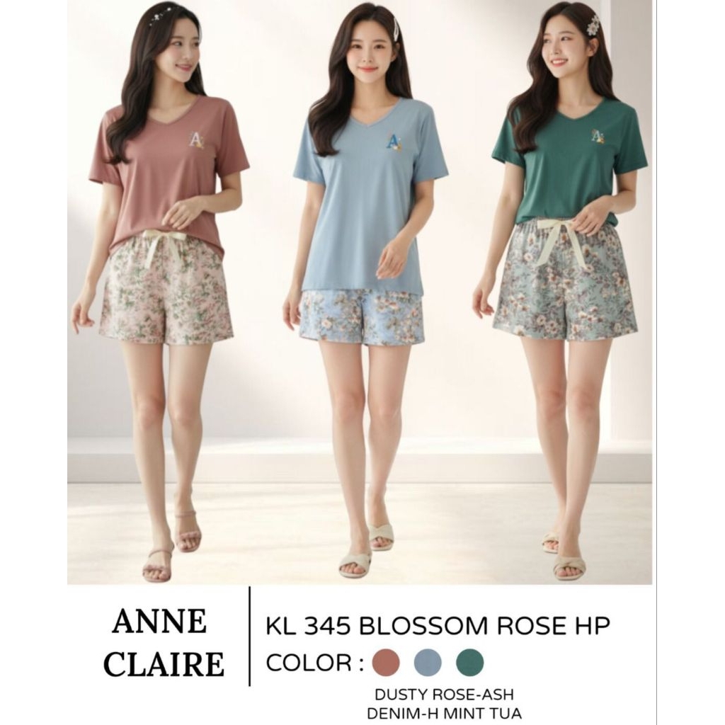 Anne Claire Setelan Kulot Blossom Rose V - Neck - KL 345 HP - Setelan Kulot Lengan Pendek dan Celana