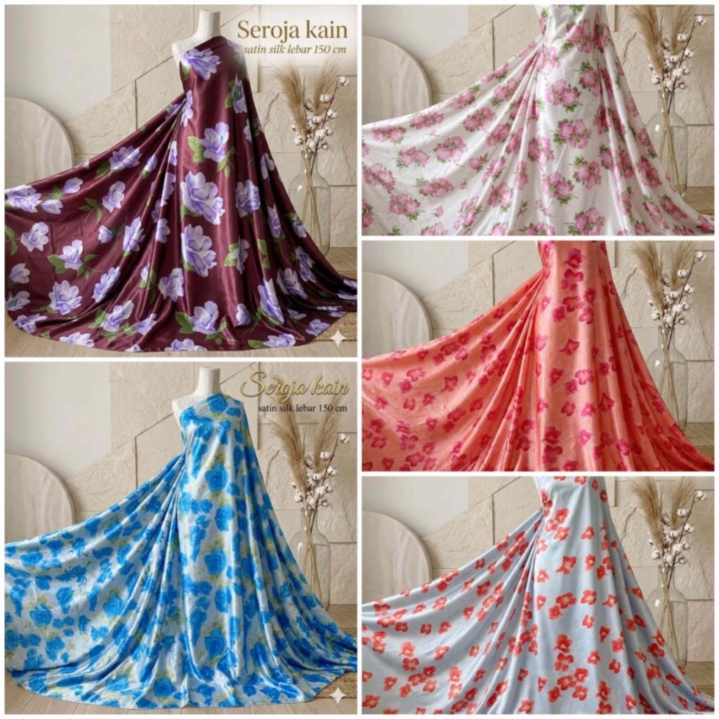 SEROJA - Kain Satin Silk Motif Bunga Premium Lebar 150cm / Bahan Gamis Dress Tunik Mewah Seroja Sati
