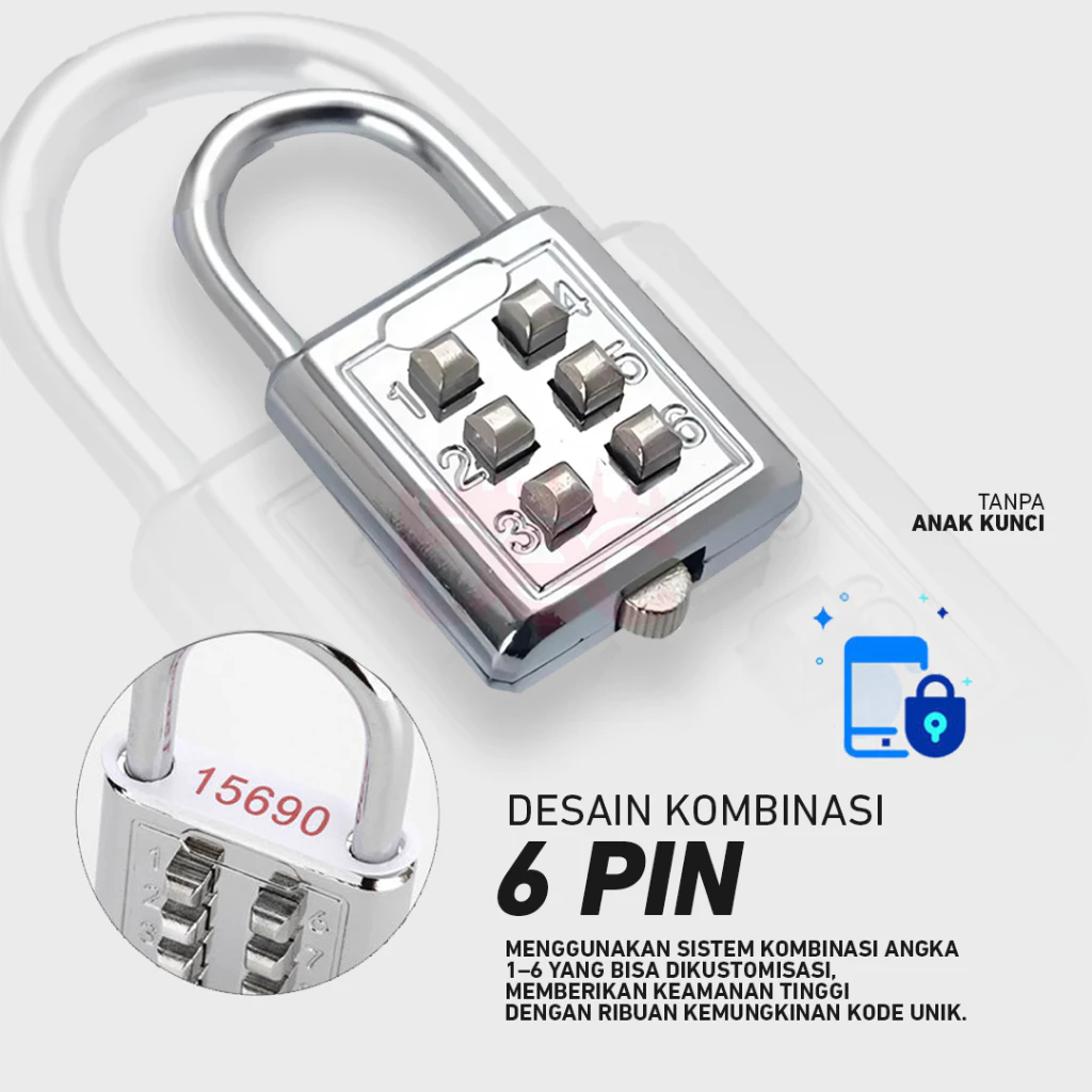 GEMBOK KODE 6 PIN SILVER TANPA ANAK KUNCI ANTI MALING 30 MM