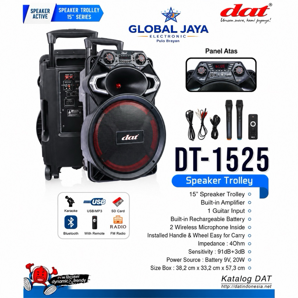 DAT Speaker Trolley Rechargeable battery DT 1525 15 Inch - Garansi Resmi 1 thn Free 2 mic wireless