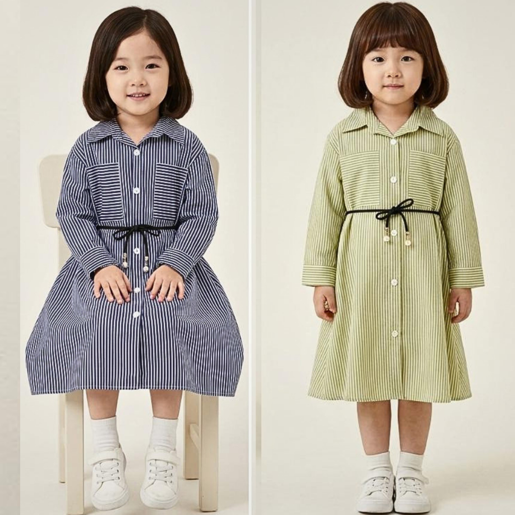 Baju dres jeans anak perempuan motif salur lengan panjang model terbaru 2026  usia 3 - 8 tahun dress