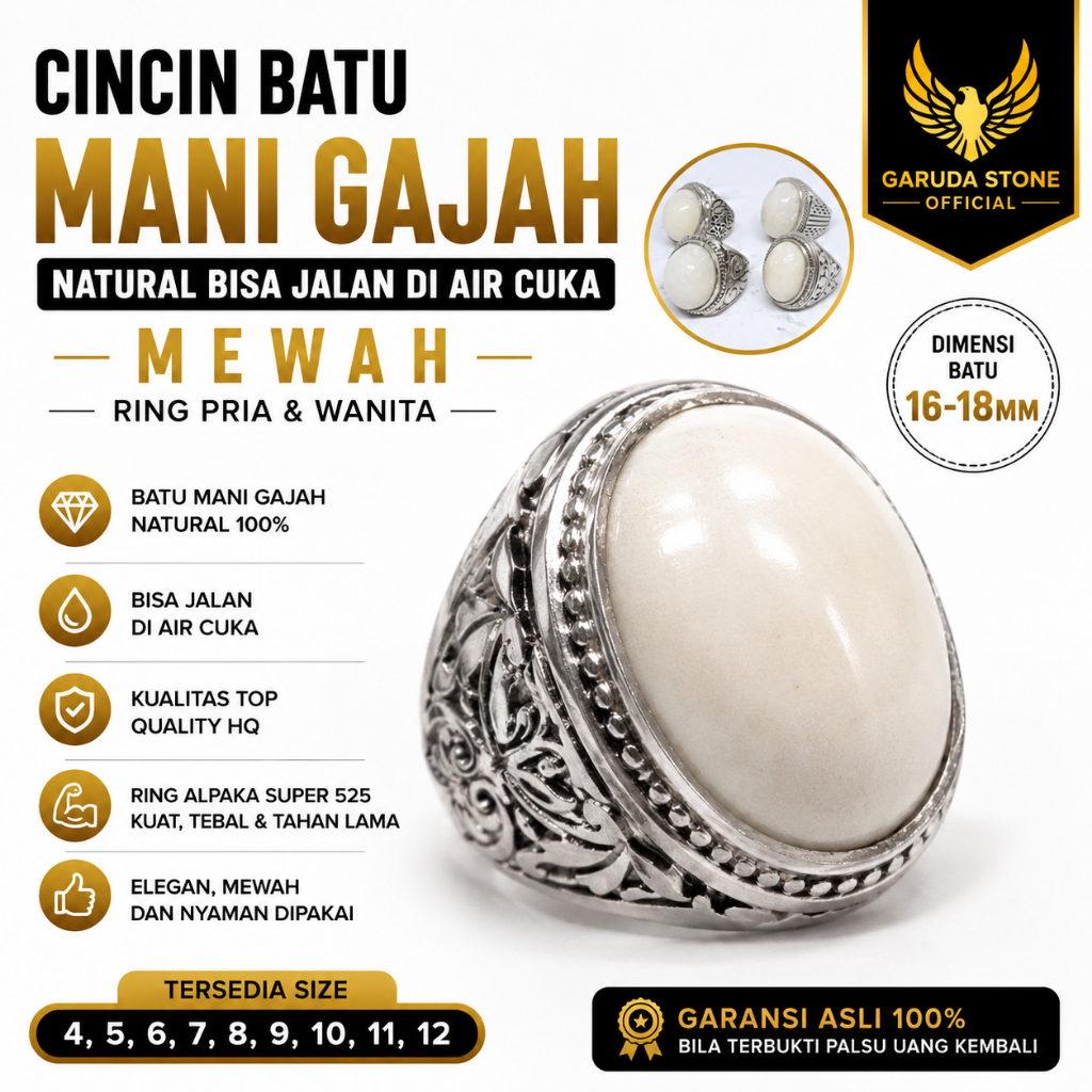 Cincin Batu Akik Putih “M4n1 G4j4h” – Ring Pria Elegan | Tampilan Bersih & Berkarakter