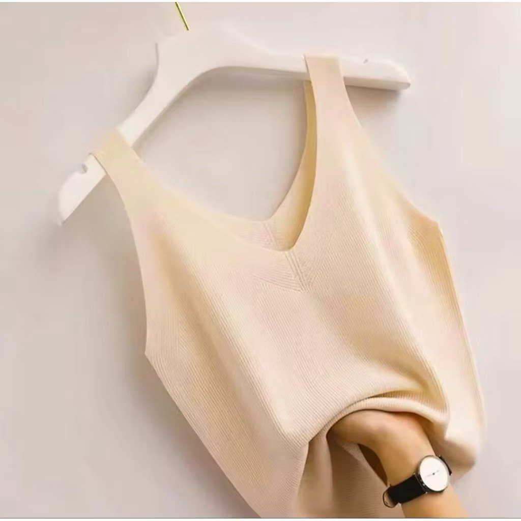 Inner Rajut Wanita V-Neck / Atasan Tanpa Lengan Bahan Knit Rib / Tanktop Korean Look
