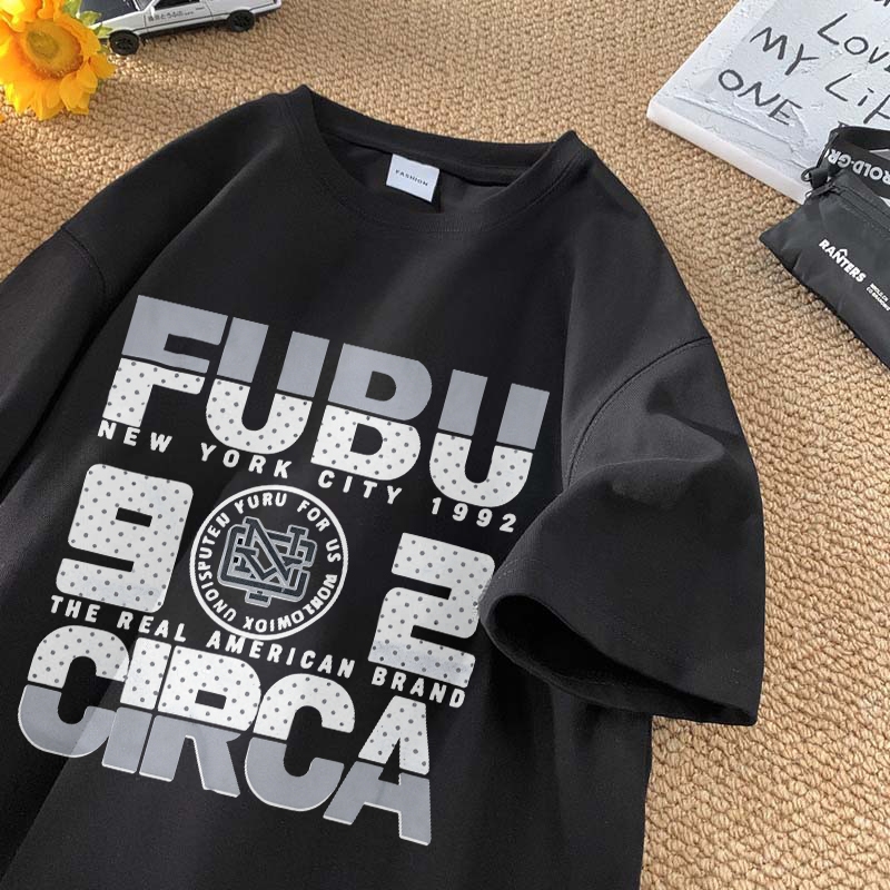 Disneay Kaos Pria Keren | Amerika RetroStreetwear FUBU Vintage 1992 Motif Gambaran Huruf Kaos Hitam 