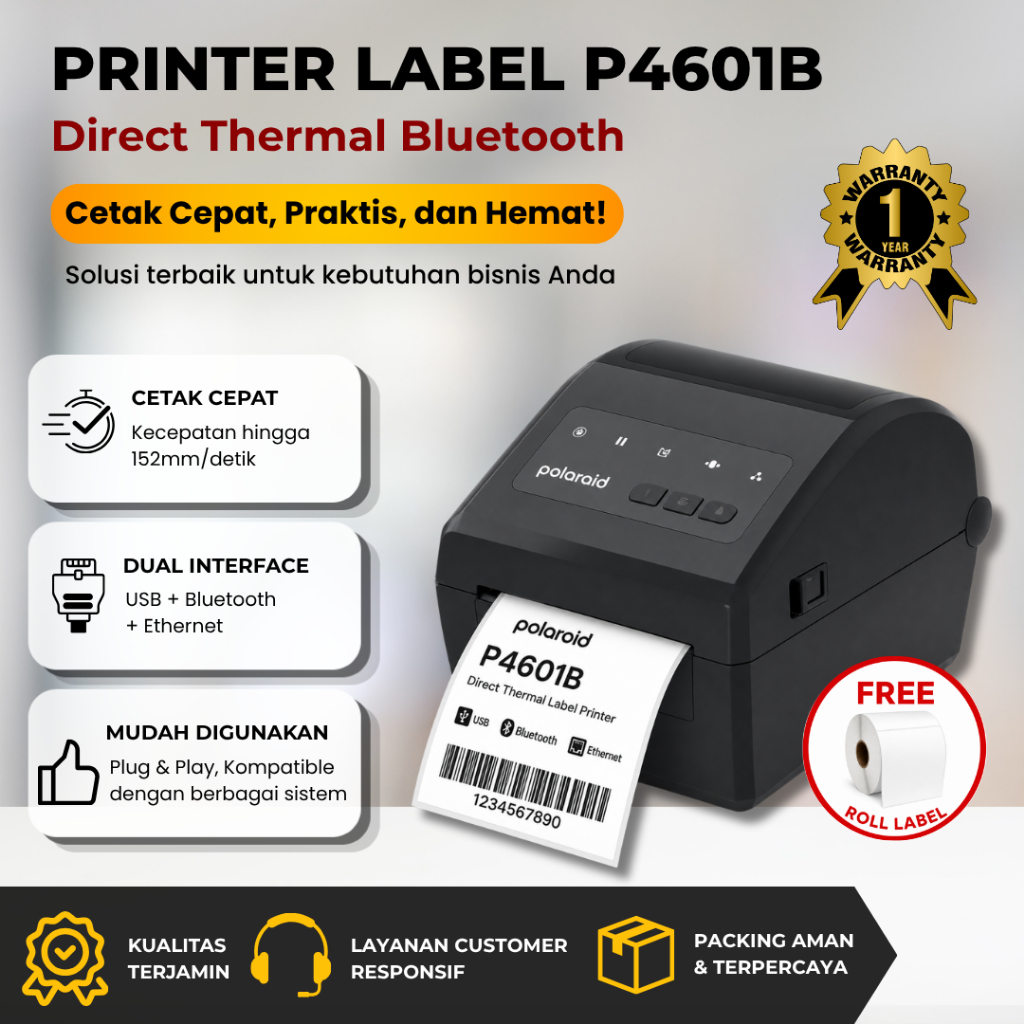 Polaroid P4601B Printer Barcode Thermal Bluetooth 203Dpi