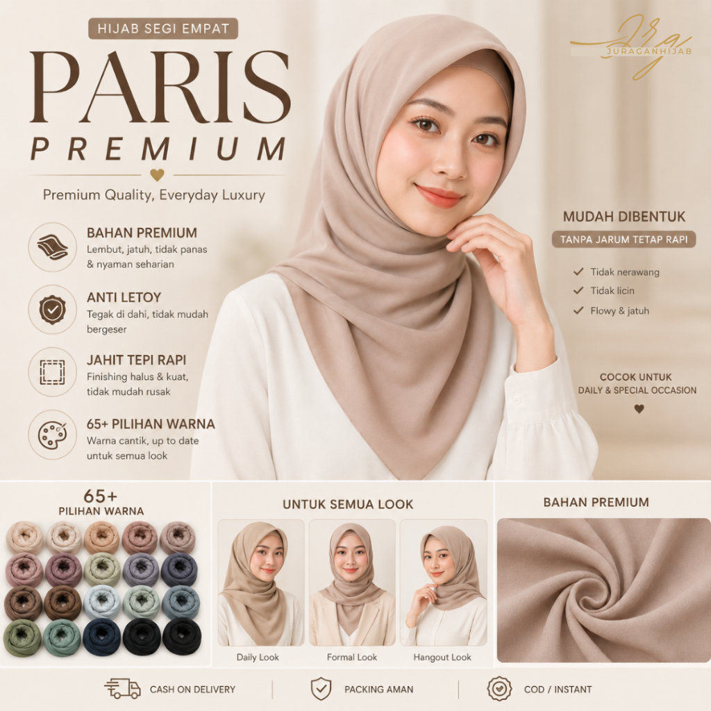 Hijab Segi Empat Paris Premium 110x110 | Voal Anti Letoy Jahit Tepi Polos