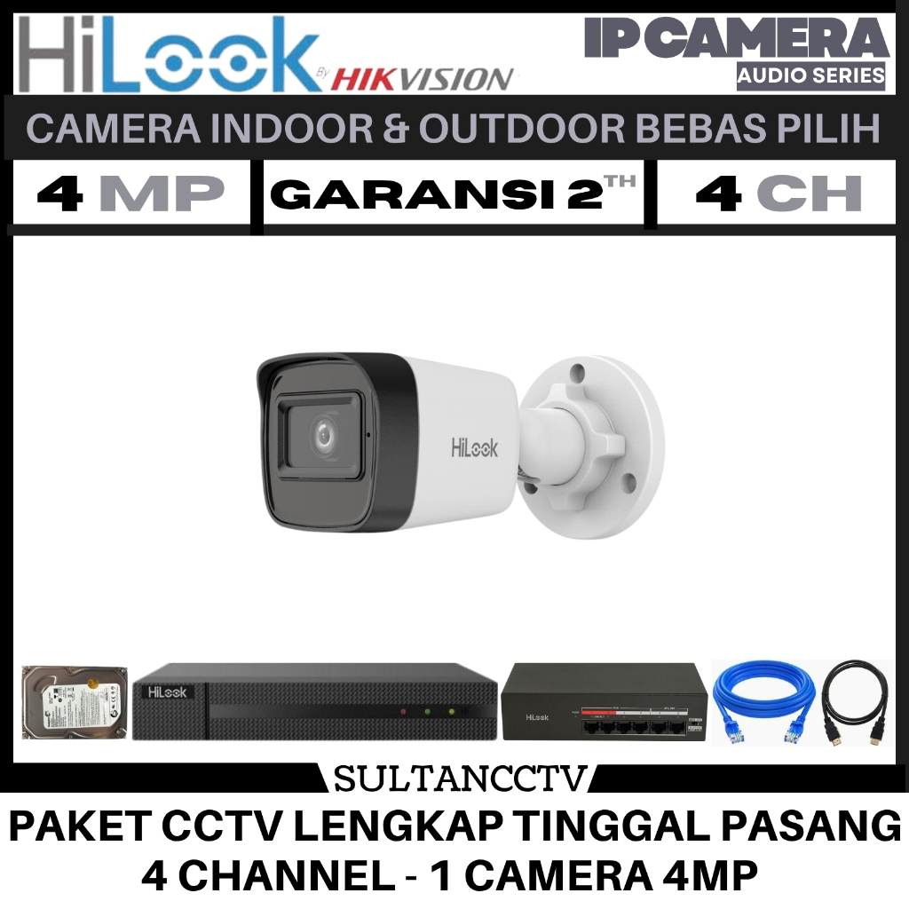 Paket Cctv Hilook 4 Channel 1 Kamera 4mp Ip Camera Audio Series Komplit Pantau HP
