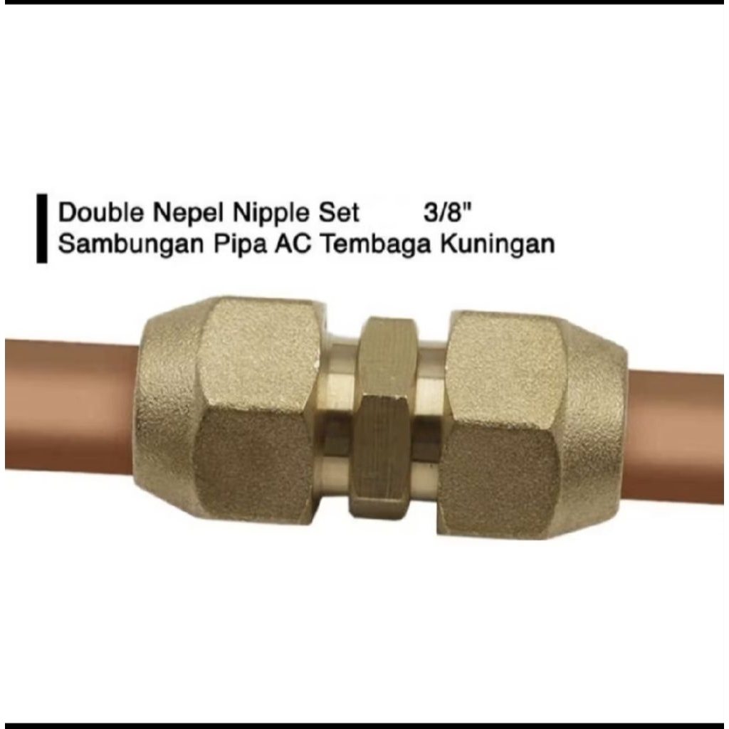 Double Nepel Nipple Set 3/8" Sambungan Pipa AC Tembaga Kuningan