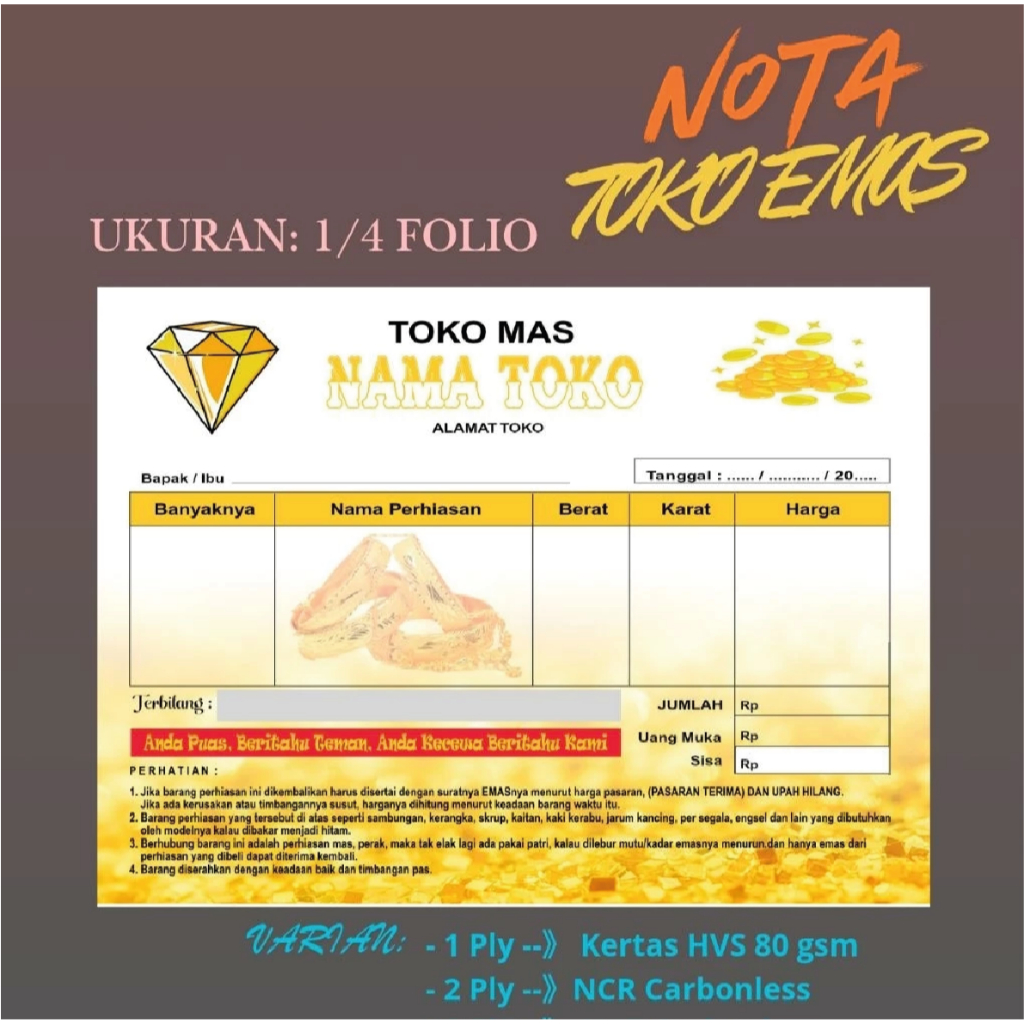 CETAK NOTA TOKO EMAS LOGO GOLD FOIL CUSTOM NAMA 1/4 FOLIO