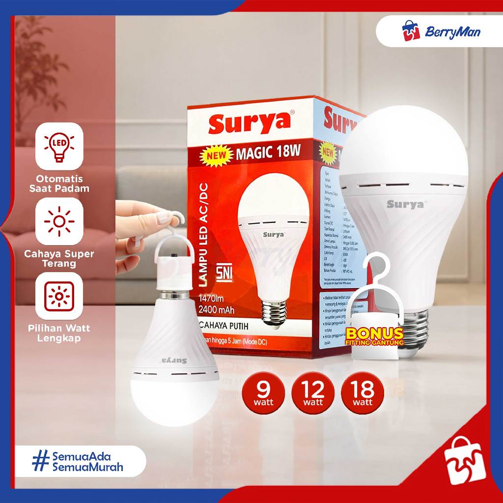 Surya Magic II Lampu Bohlam LED Emergency Tipe AC / DC 9W 12W 18W Cahaya Putih Super Terang