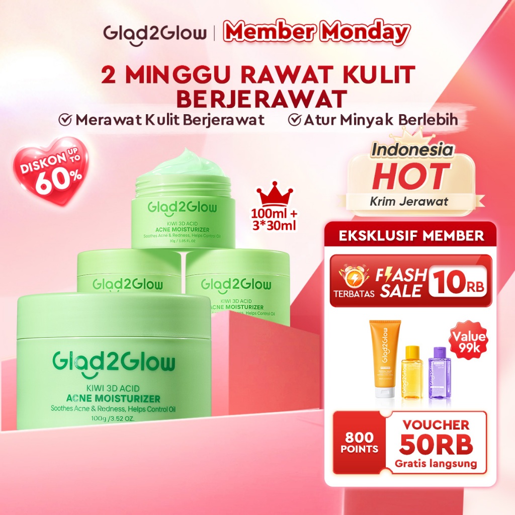 GLAD2GLOW Kiwi 3D Acid Acne Moisturizer Pelembab Wajah Jerawat Mencerahkan Pencerah Wajah&Penuaan Hi