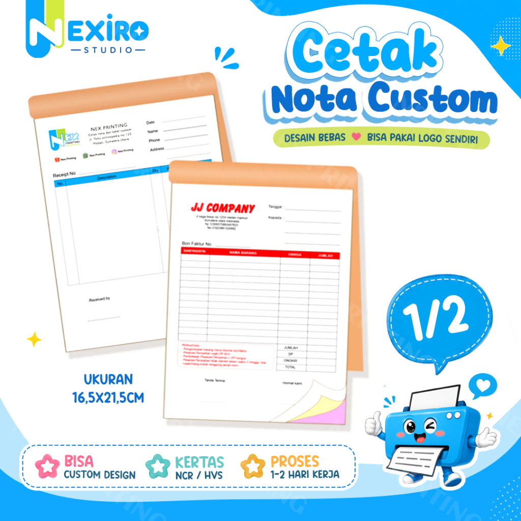 1/2 Cetak Nota Custom Ukuran 1/2 Folio Bon Faktur Toko Online Ofline Emas Restoran Laundry rangkap 1