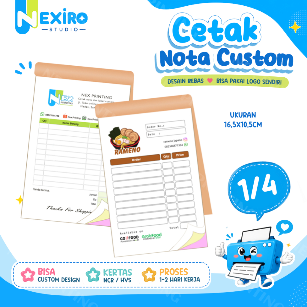 1/4 Cetak Nota Custom Ukuran 1/4 Folio Bon Faktur Online Ofline Emas Restoran Laundry rangkap 1 2 3 