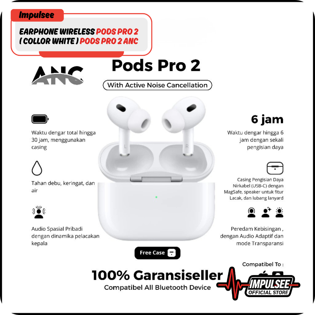 Impulsee - PODS PRO 2 ANC TWS Wireless Bluetooth Earphone TWS Mini Earbuds Headphone PODS PRO 2 ANC 