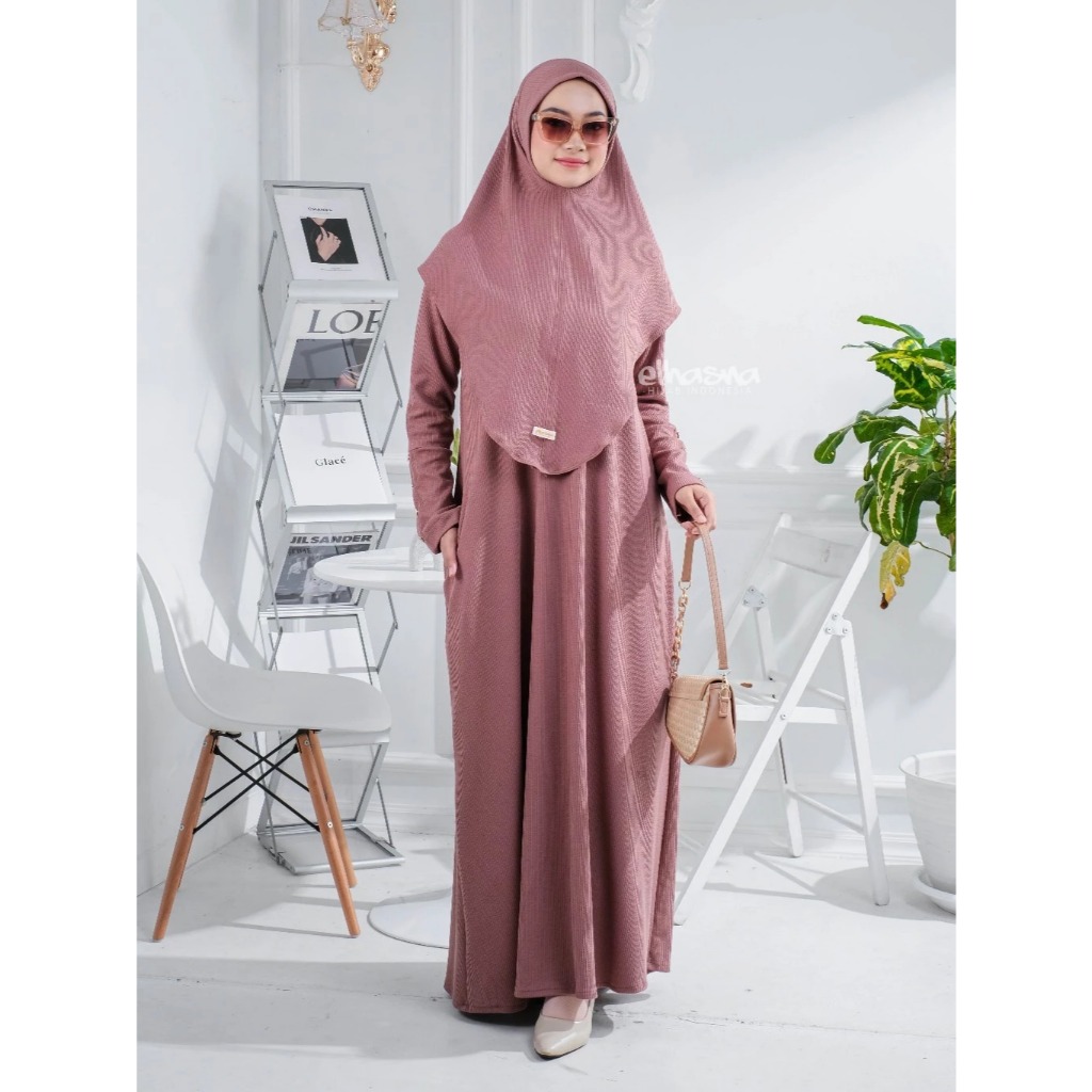 Elhasna Hijab Gamis Dress Abaya Resleting Depan Button Gold Knit Premium Jumbo