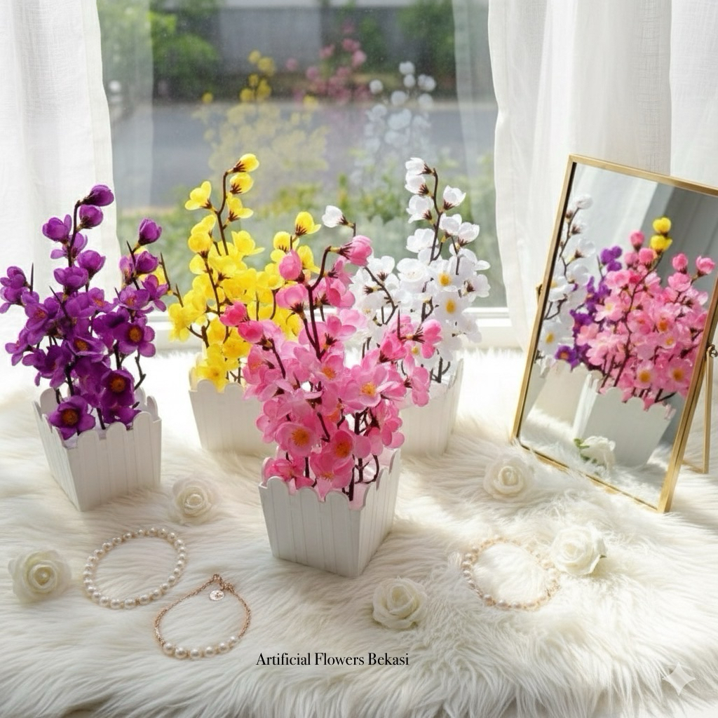 BUNGA SAKURA + VAS PAGAR KOTAK ISI 4 TANGKAI MINI bunga sakura hias bunga sakura plastik artificial