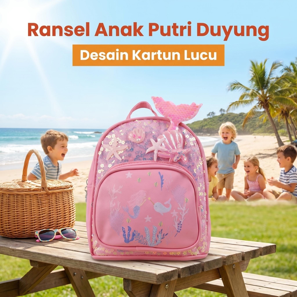 ready/Tas Ransel Kecil Anak Perempuan Motif Putri Duyung Skoodle Glitter Pink Ready Stock