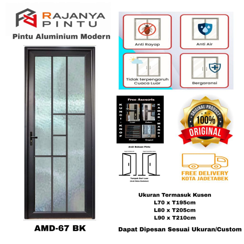 Pintu Aluminium AMD67BK Full Kaca es 5mm