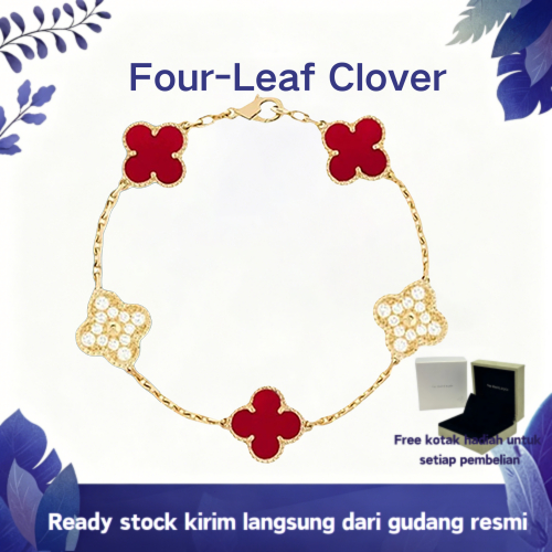 [100%ORI]Gelang Semanggi 4 Daun Rose Gold Carnelian Merah Kristal Perak 925 Berkilau Simbol Keberunt
