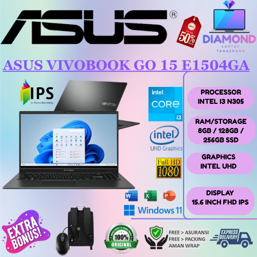 Laptop ASUS Vivobook GO 15 E1504GA Laptop Baru Intel Core i3 N305 8GB 256GB SSD Full HD Windows 11