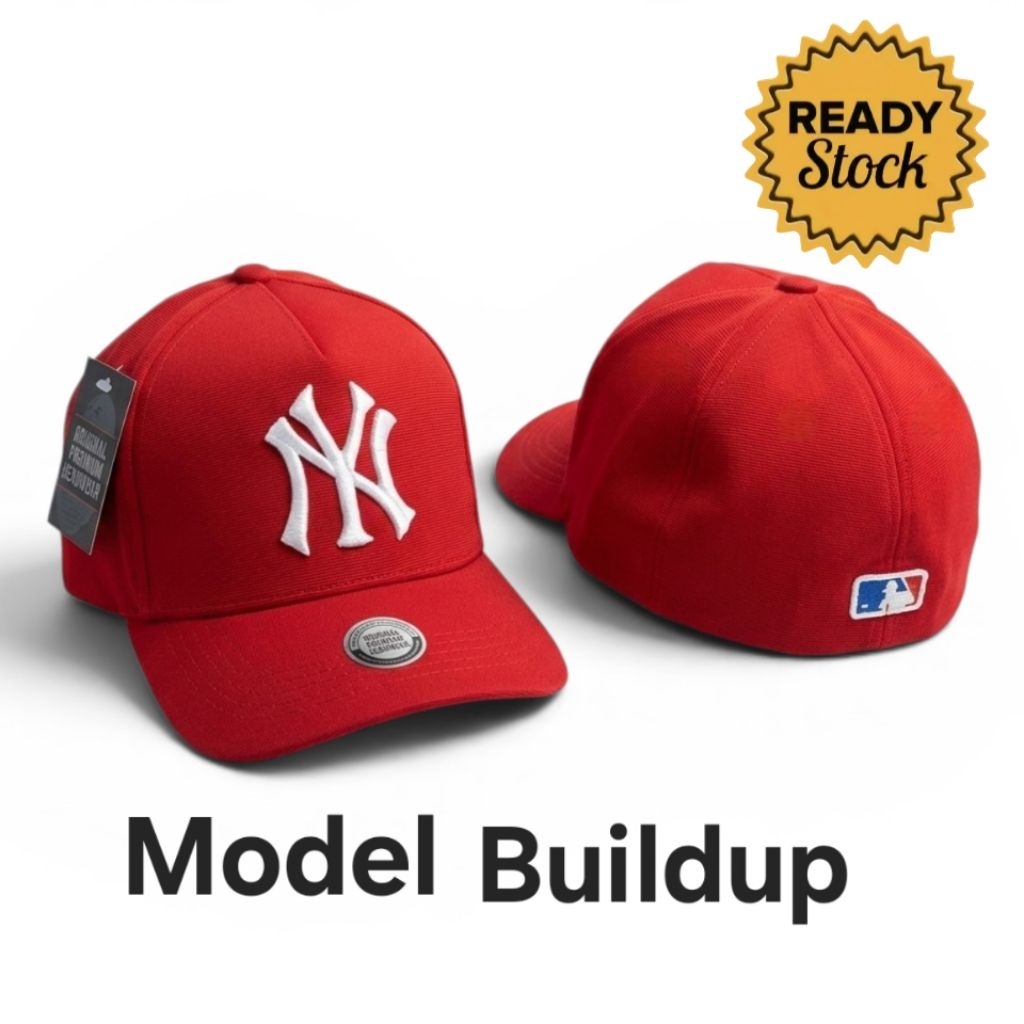 Topi Build Up merah dengan logo Ny putih model flat brim READY Stock