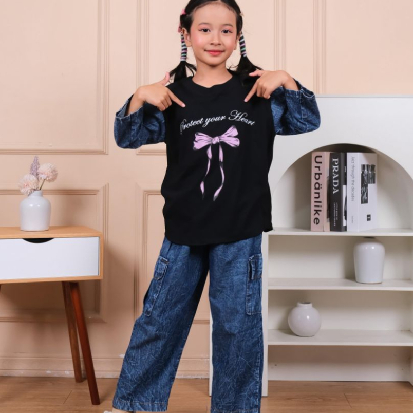 (Gratis Ongkir) Setelan baju anak perempuan Gambar Pita Celana Levis Cargo 3 tahun - 14 tahun