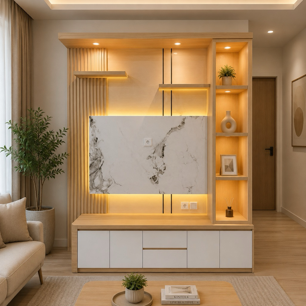 Backdrop TV Minimalis Modern Kayu Natural Rak LED Cabinet TV Elegan Estetik