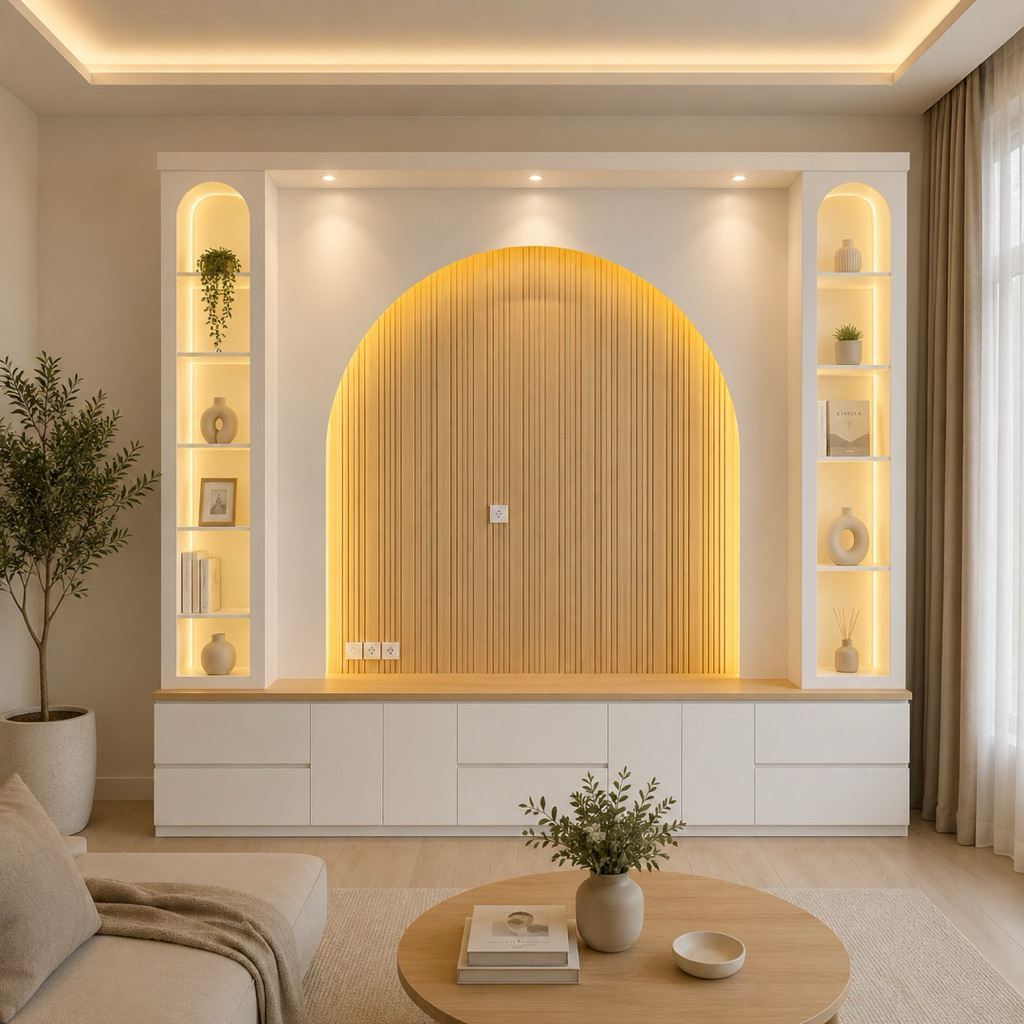 Backdrop TV Minimalis Modern Lengkung Rak LED Cabinet TV Putih Elegan Estetik