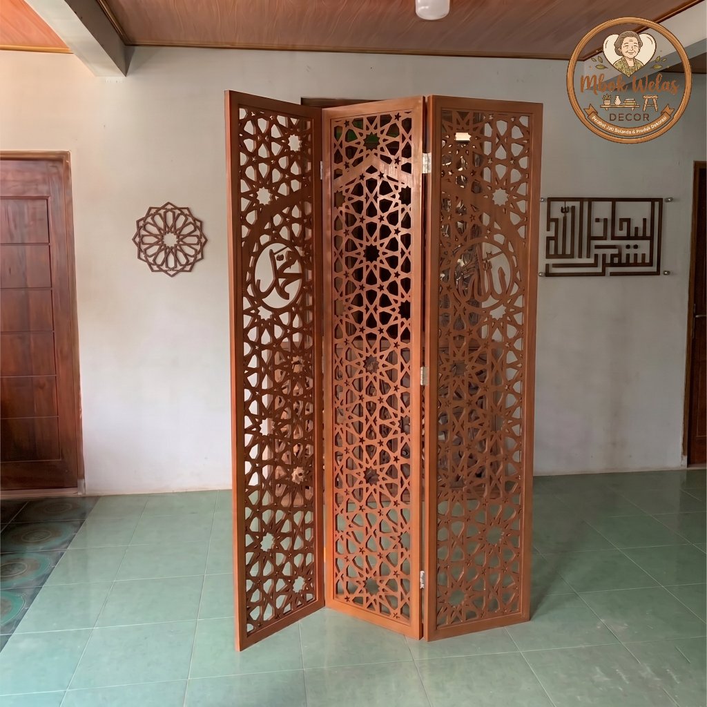 Mbok Welas Decor - Penyekat Ruangan Motif Islami ALLAH MUHAMMAD 3 Panel Set - Pembatas Sketsel Moder