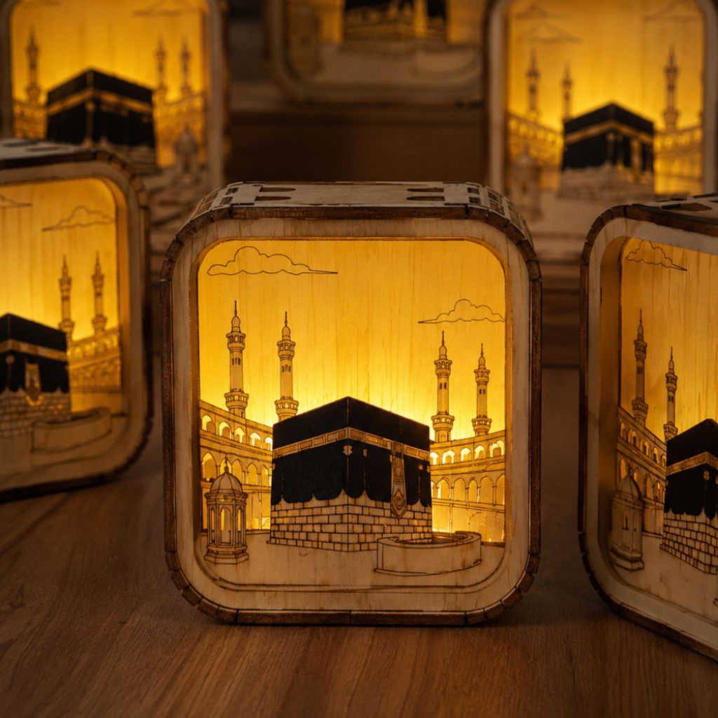 Lampu Hias Ka'bah LED Kayu Laser Cut | Lampu Tidur Islami Estetik | Dekorasi Meja Ramadan