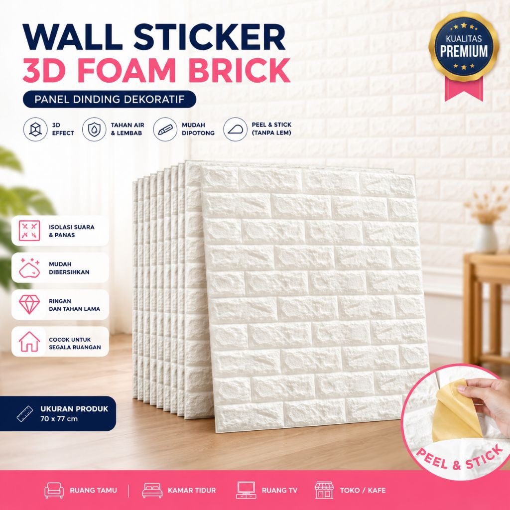 10 Lembar Wallpaper Foam 3D Batu Bata Putih 38x70cm - Perekat Sendiri, Anti Air, Kedap Suara
