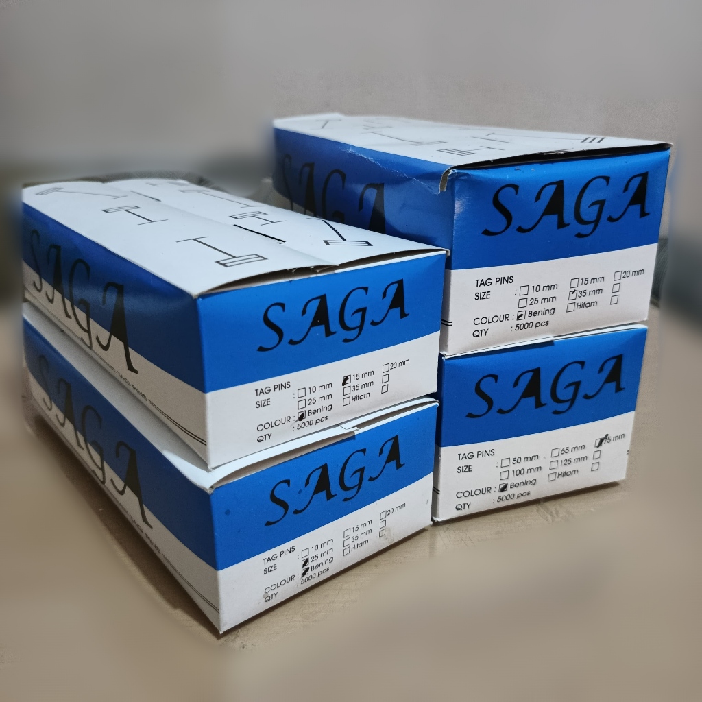 Tag Pin Bening SAGA 5.000 pcs per box, bahan PP berbagai ukuran panjang