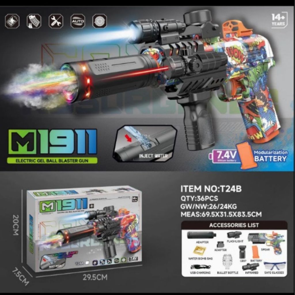 Electrik Gel Ball Blaster Gun GLCK M1911 Gelblaster Efek Asap, Suara Dinamis, Bisa Dipasang di Pingg