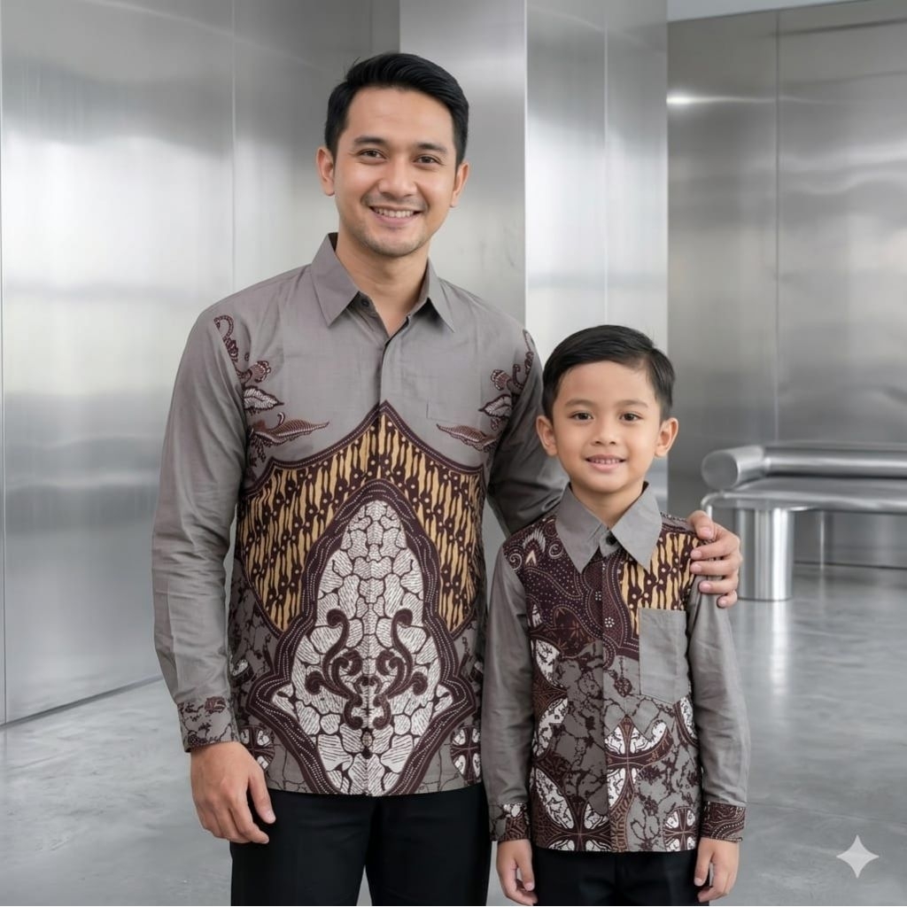 Coklat Susu Solo, Kemeja Batik Couple Ayah Dan Anak, Bahan Katun Solo Premium Warna Coklat Susu, Pak