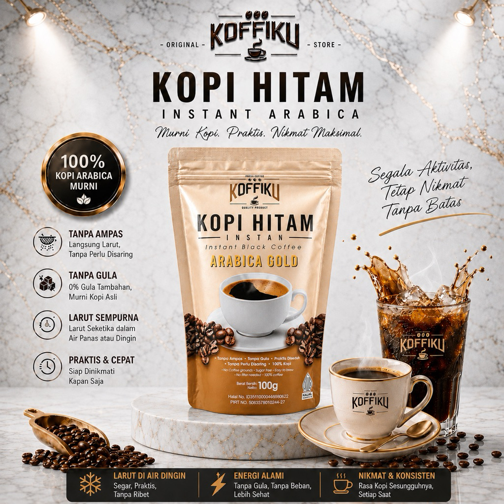 KOFFIKU ARABICA GOLD Kopi hitam instan tanpa ampas bebas gula spray dried 100gram