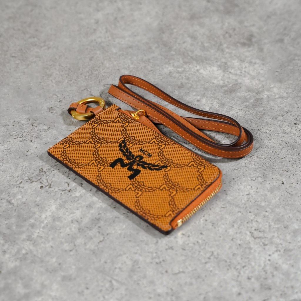 Dompet MCM HIMMEL MONOGRAM BLACK COGNAC L-ZIP CARD LANYARD 100% ORIGINAL