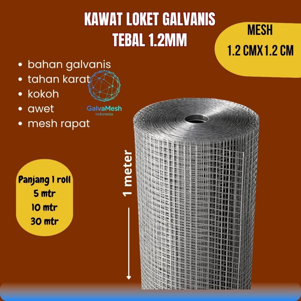 Kawat Loket Galvanis Tebal 1.2mm Mesh 12x12mm Tahan Karat,kokoh cocok untuk kandang ternak dan aviar