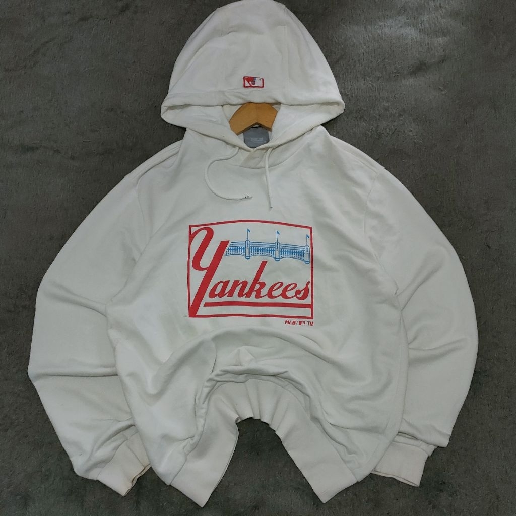 MLB New York Yankees Hoodie Putih Big Logo Pullover Baby Terry XL Streetwear Unisex
