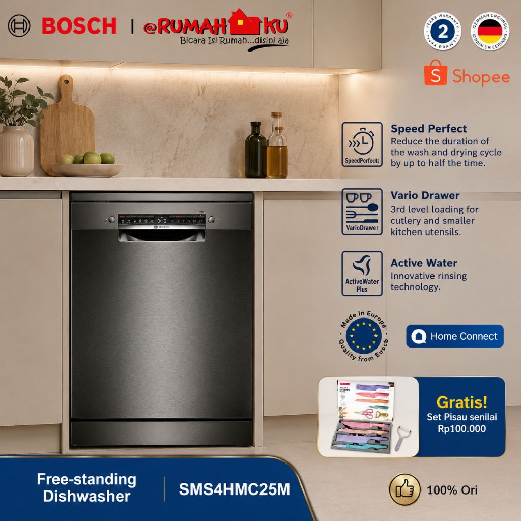 Bosch SMS4HMC25M Seri 4 Black Inox Freestanding Dishwasher