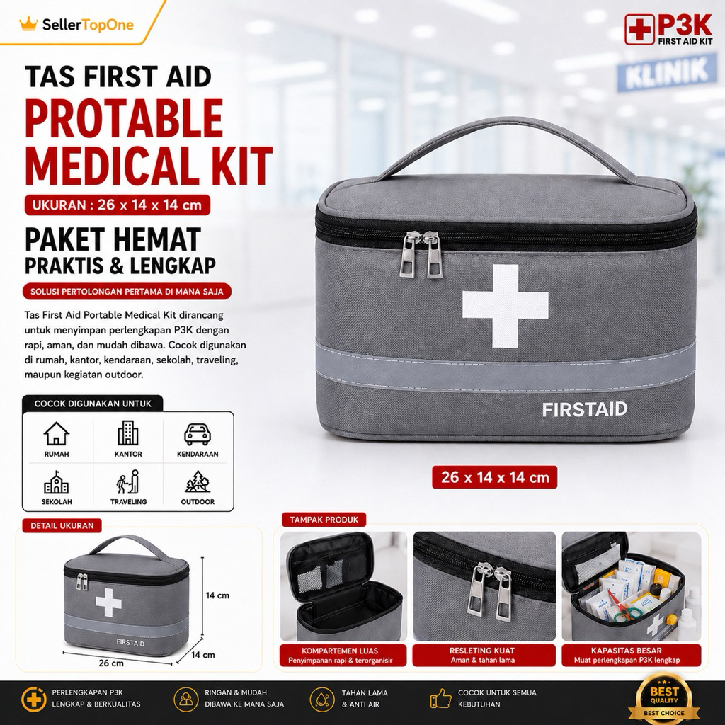 Tas P3K First Aid Kit Portable Grey + Isi Obat P3K Lengkap Sesuai Standar