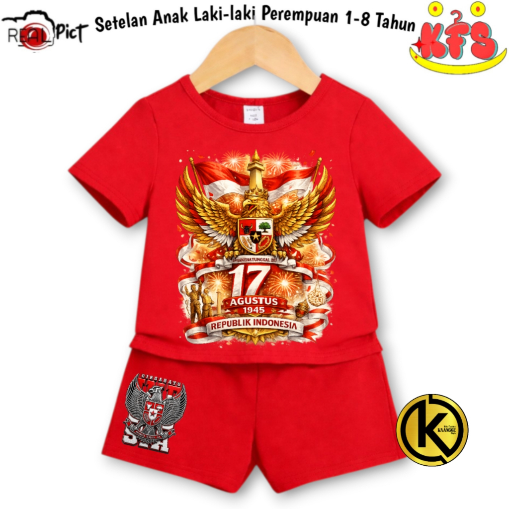 Baju Celana Setelan Kaos Kemerdekaan Anak Garuda Merah Putih Hut RI Unisex Cewek Cowok